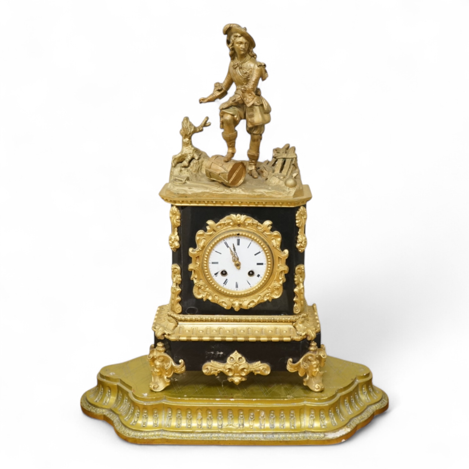 A 19th century French gilt metal mantel clock and stand, 56cm total